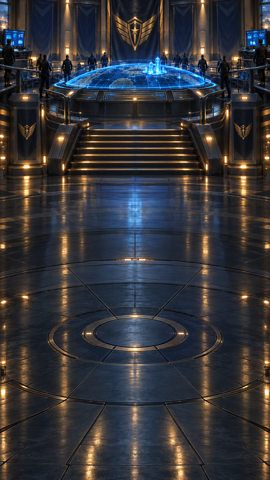 Ashline's alliance command room with a glowing blue tactical map and gold-trimmed architecture.